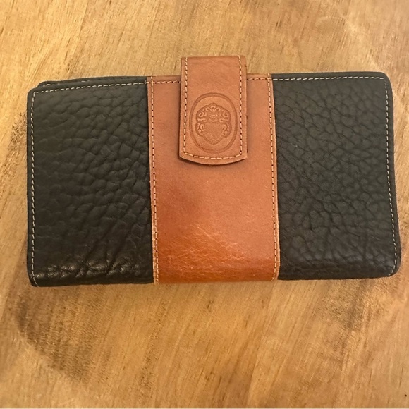 mundi Handbags - Mundi Long Wallet Brown Black Pebble Leather Gold Hardware Snap Coin Pocket Card